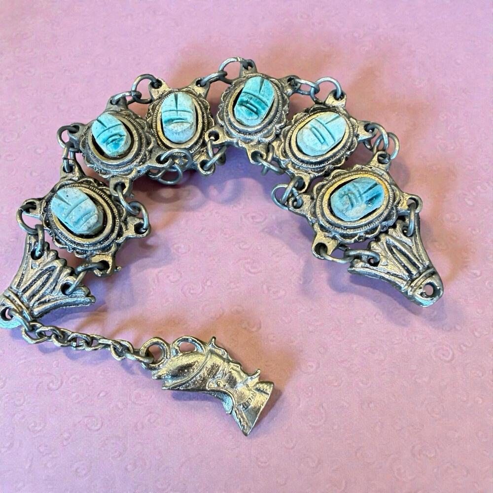 Vintage Egyptian Revival Blue Faience Ceramic Scarab Link Bracelet READ